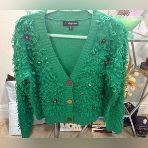 33 Degrees Women's Loop Christmas Festive Graphic Cardigan w/balls - Green Med